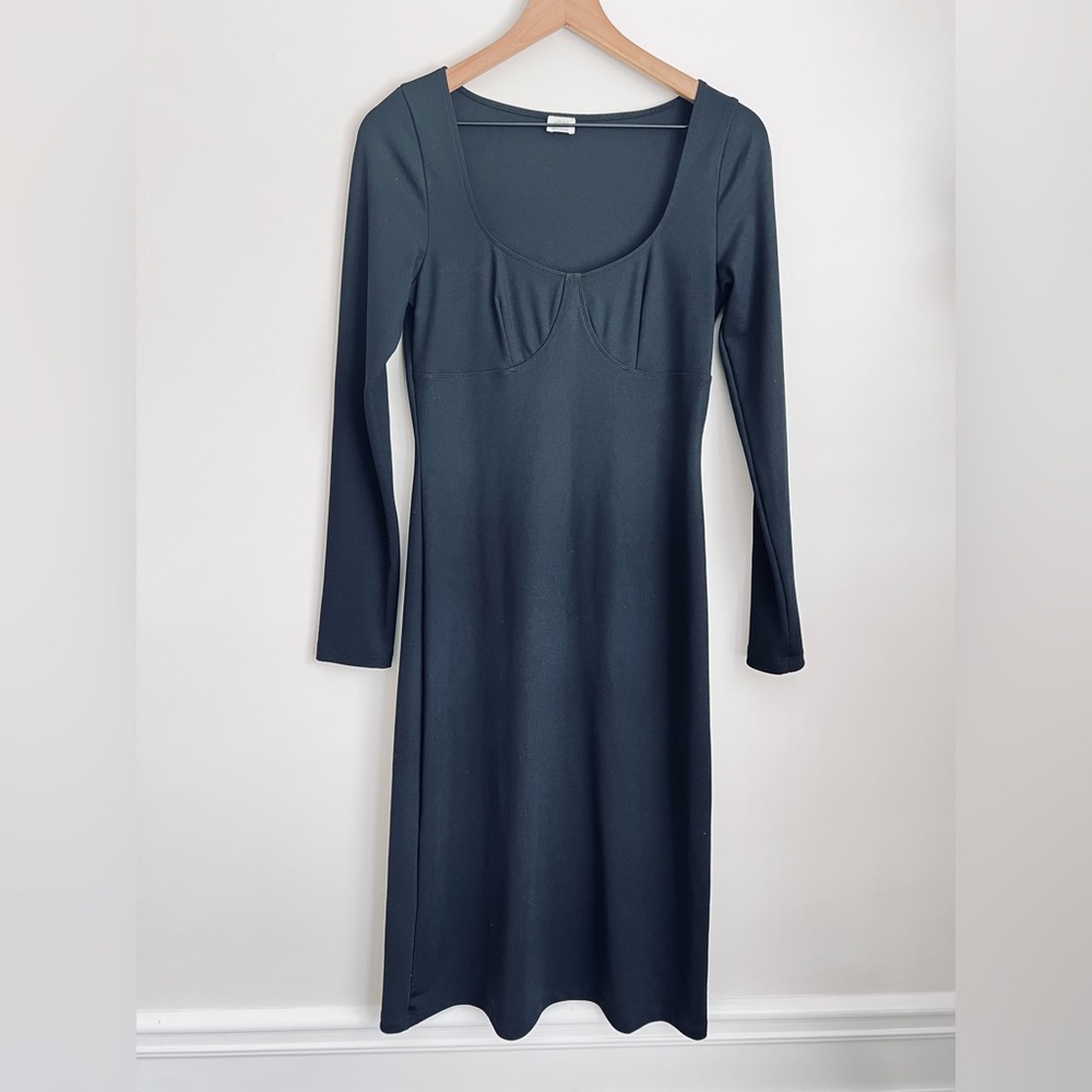 Aritzia Wilfred black bodycon Midi Dress babydoll sweetheart neck Long sleeve L